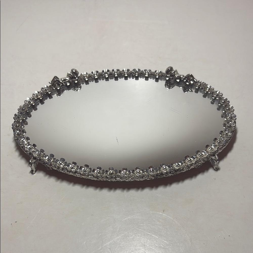 Elegant Silver Vanity Oval Mirror Tray with Cherobs